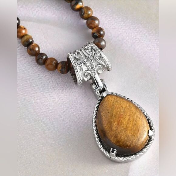 Tiger's Eye Solitaire Pendant with Beaded Necklace 20 Inches in Stainless Steel - Picture 5 of 8